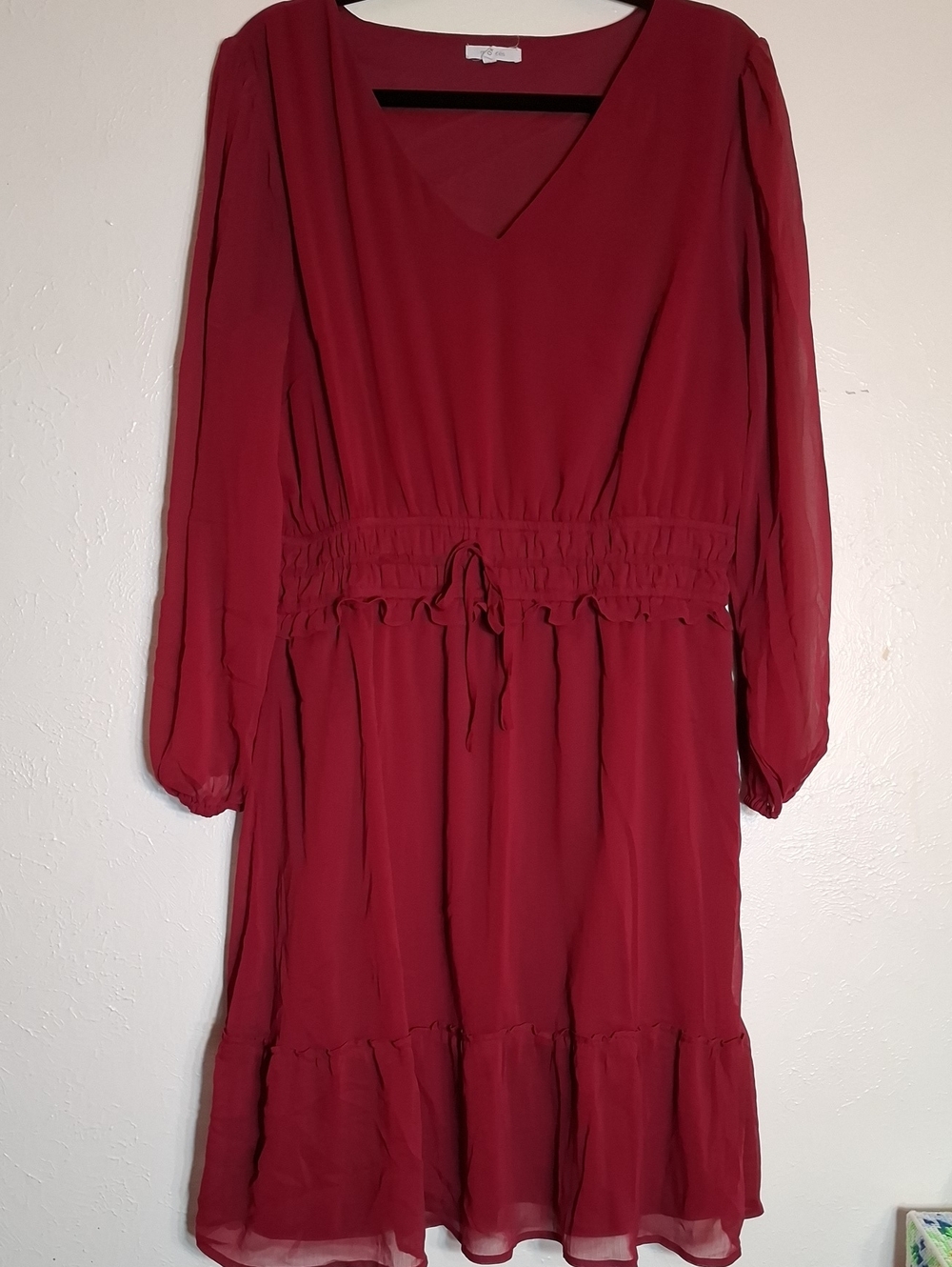 Maurices Burgundy V-Neck Long Sleeve Tiered Dress